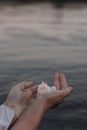 Closeup shot of a female& x27;s hands cradling a white rose in front of a tranquil body of water.