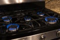 Closeup shot of fire from gas kitchen stove. Royalty Free Stock Photo