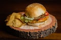 Closeup shot of a fish burger with chips Royalty Free Stock Photo