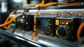 A closeup shot of flexible cables connected to sensor devices on machinery with small screens displaying realtime