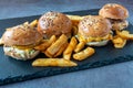 Closeup shot of four delicious sliders and a pile of crispy  fries on a slate plate Royalty Free Stock Photo