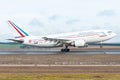 Closeup shot of a French Air Force Airbus A-310 touching the ground at Vatry airport