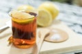 Closeup shot of a fresh cup of tea with a slice of lemon Royalty Free Stock Photo
