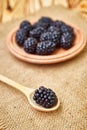 Closeup shot of fresh ripe blackberries in wooden spoon and plate on rustic table Royalty Free Stock Photo