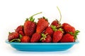 Closeup shot of fresh strawberries in a blue plate isolated on a white background Royalty Free Stock Photo