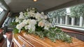Funeral casket in a hearse or chapel or burial at cemetery Royalty Free Stock Photo