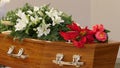 A funeral casket in a hearse or chapel or burial at cemetery Royalty Free Stock Photo