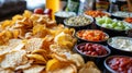 A closeup shot of a game day snack platter filled with chips dips and veggies surrounded by cans of zeroalcohol beer