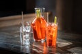 Closeup shot of glass Bloody Mary cocktails on a wooden table Royalty Free Stock Photo