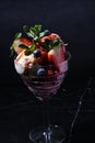 Closeup shot of a glass of chocolate dessert with different berries and fruits