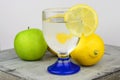 Closeup shot of a glass of lemon juice with a sliced lemon next to whole lemons and an apple Royalty Free Stock Photo