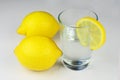 Closeup shot of a glass of lemon juice with a sliced lemon next to whole lemons on a white surface Royalty Free Stock Photo