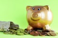 Closeup shot of a golden piggy bank, and coins falling out of a tiny sack on a green background Royalty Free Stock Photo