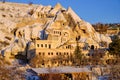 Closeup shot of Goreme, Cappadocia after a snowfall, everything covered in pure white snow