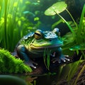 A closeup shot of a green frog swimming in a pond under the sunlight Generative AI
