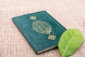 Closeup shot of a green notebook with beautiful patterns on the cover near a green leaf Royalty Free Stock Photo