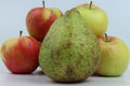 Closeup shot of a group of apples and a pear on a white background.
