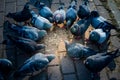 Closeup shot of a group of pigeons eating corn