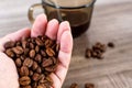 Closeup shot of a handful of coffee beans