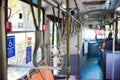 Closeup shot of handrails in an empty bus- transport while quarantine concept Royalty Free Stock Photo