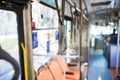 Closeup shot of handrails in an empty bus- transport while quarantine concept Royalty Free Stock Photo