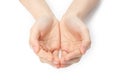 Closeup shot of hands in a begging gesture isolated on a white background