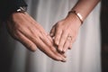 Closeup shot of the hands of newly married groom and the bride holding hands and wearing rings