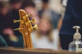 Closeup shot of a headstock of the bass guitar at a music event Royalty Free Stock Photo