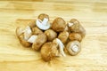 Closeup shot of a heap of freshly picked brown mushrooms on a wooden table