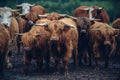 Closeup shot of a herd of walking brown bulls