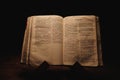 Closeup shot of a historic old Bible open on the Nahum pages on display in a dark room Royalty Free Stock Photo
