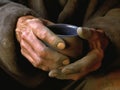 A closeup shot of a homeless persons hands grasping a cup of hot soup.. AI generation