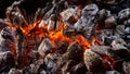 Closeup shot of hot burning charcoal slowly turning into ashes Royalty Free Stock Photo