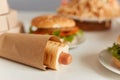 Closeup shot of hot dog on table with big variety of junk food, hamburgers and pasta on background. Fastfood and healthy eating Royalty Free Stock Photo