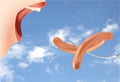 Closeup shot of an illustration of female eating sausages with a blue sky on the background