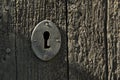 Closeup shot of iron keyhole on a wooden door