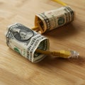 Closeup shot of a LAN cable going through dollars bills on a wooden surface