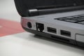 Closeup shot of LAN and graphic ports of laptop computer