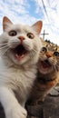 closeup shot of laughing kitty is taking selfie with his partner