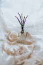 Closeup shot of lavender plants in a small transparent vase with a necklace on a nude fabric