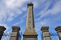 Closeup shot of the lighthouse of Eckmuhl against a blue sky in Penmarch, Brittany, France Royalty Free Stock Photo