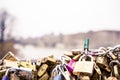 Closeup shot of the locks on the Lock Heart Bridge captured in Paris, France