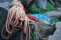 Closeup shot of a long rope on huge rocks Royalty Free Stock Photo