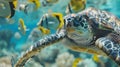 A closeup shot of a majestic sea turtle gracefully gliding through the water surrounded by a variety of brightly colored