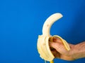 Closeup shot of male hand holding a peeled banana on blue background Royalty Free Stock Photo