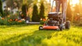 Closeup shot of a man, gardener mowing the lawn with red lawn mower, green grass and vegetation, flowers on it with blue Royalty Free Stock Photo