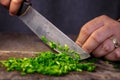 Closeup shot of a man's hand slicing onion chives on a wooden chopping board Royalty Free Stock Photo