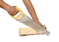 Closeup shot of a man sawing a piece of wood on an isolated white background