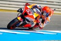 Closeup shot of Marc Marquez drifting with a motorcycle during the MotoGP in Jerez, Spain