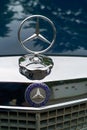 Closeup shot of a Mercedes-Benz automobile showcasing the iconic logo on the hood.